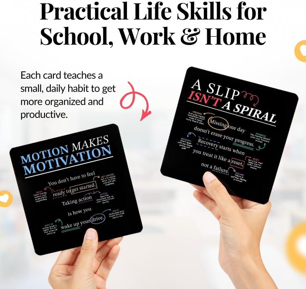 Executive Functioning Mindset Cards – 52 Daily Habit Cards for Focus, Organization & Follow through – for Kids, Teens & Adults – Includes Wooden Display Stand – Gift for Teachers & Parents