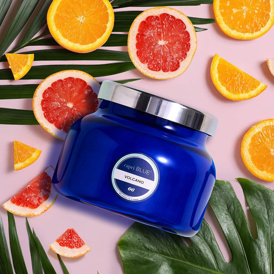 Volcano Scented Candles - Luxury Glass Jar Candles for Home Scented with Tropical Fruit & Sugared Citrus - Soy Wax Blend - Blue Color (19 Oz)