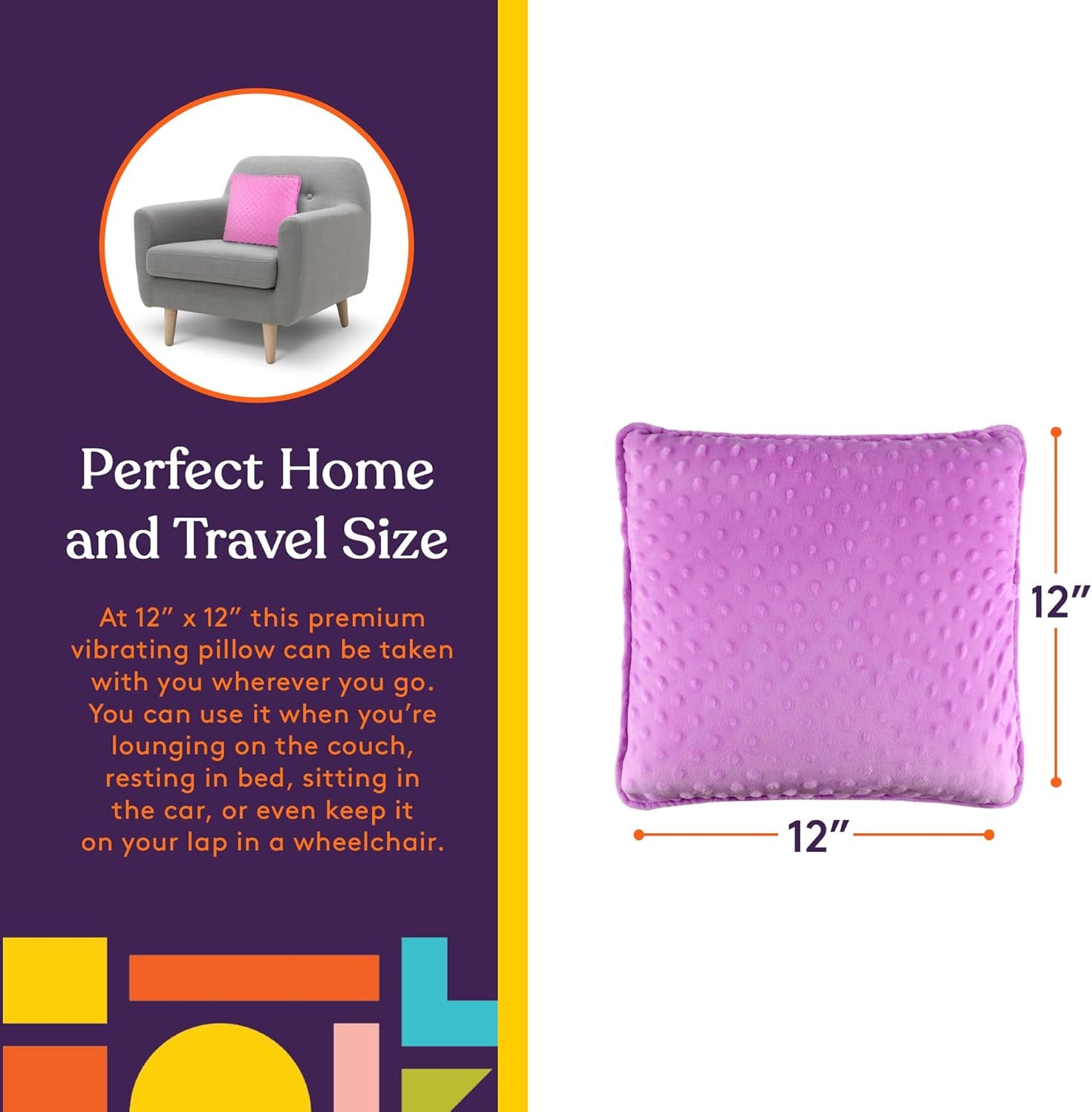 Vibrating Pillow Sensory Pressure Activated for Kids and Adults, 12” Plush Minky Soft Cover, Textured Therapy Stimulation Bumps-Vibrations, Music & Voice Recording (Purple)