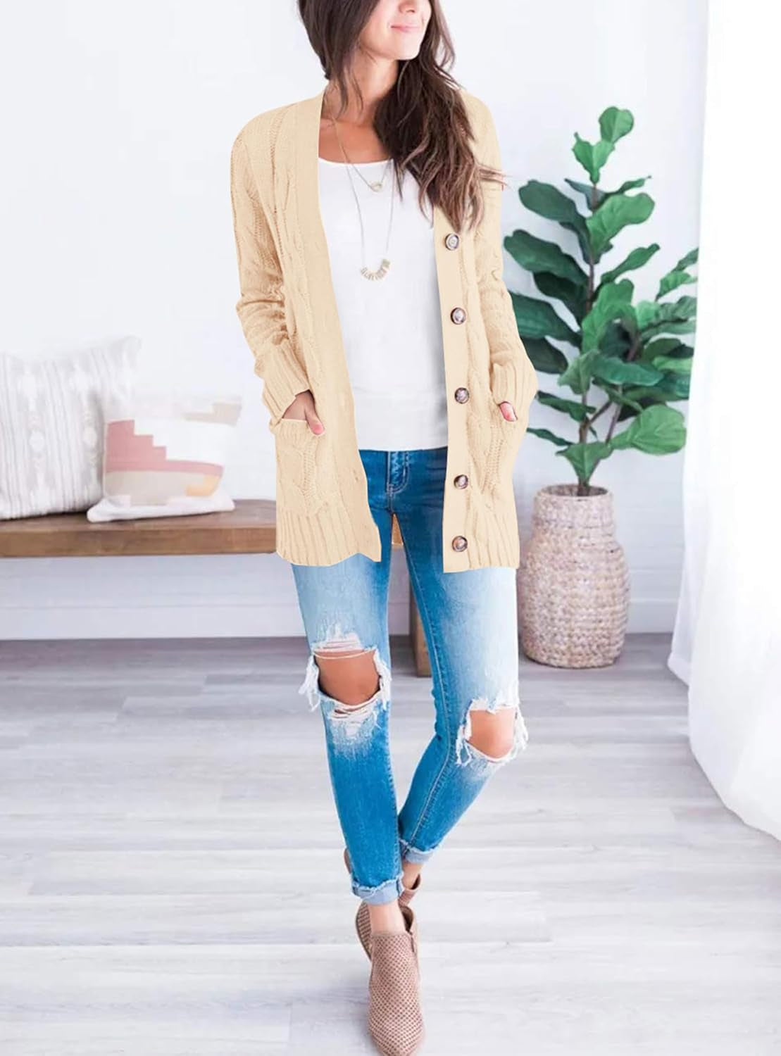 Women'S Open Front Cardigan Sweaters Fall Fashion Button down Cable Knit Chunky Winter Clothing Outerwear Coats