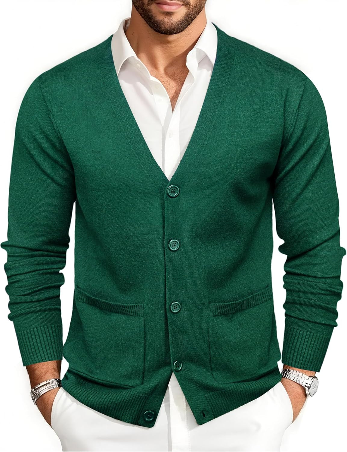 Mens Cardigan Sweater Long Sleeve Casual V Neck Solid Knitwear Cardigans with Pockets Business Weekend