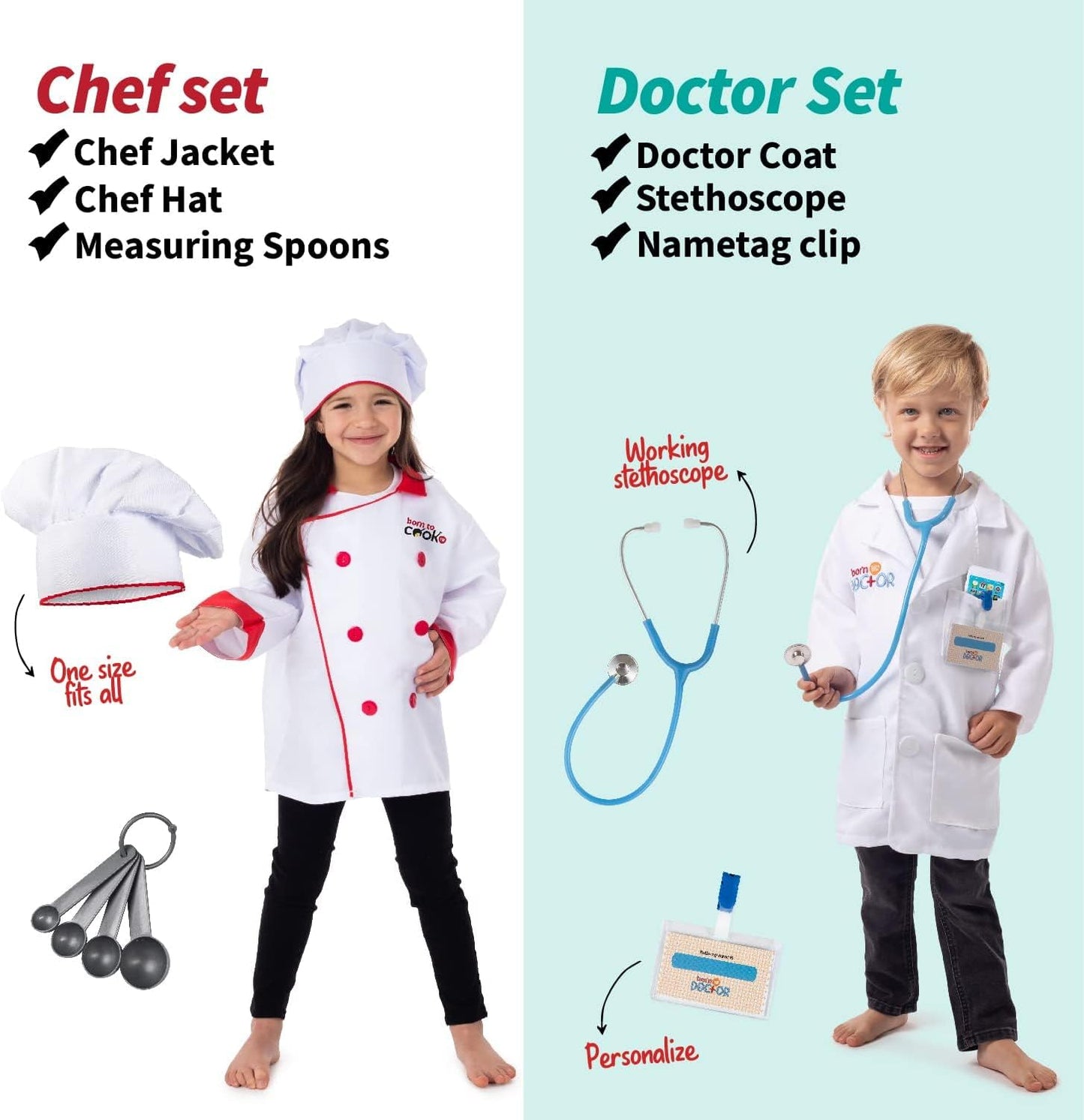 6-In-1 Toddler Dress up Clothes for Boys & Girls Ages 3-7, Police, Firefighter, Doctor, Chef, Gardener & Explorer with Storage Box, Washable Pretend Play Costumes for Kids, Gift Ready Set