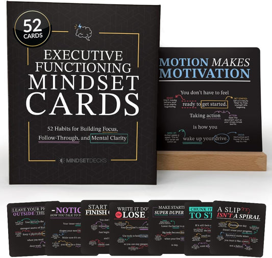 Executive Functioning Mindset Cards – 52 Daily Habit Cards for Focus, Organization & Follow through – for Kids, Teens & Adults – Includes Wooden Display Stand – Gift for Teachers & Parents