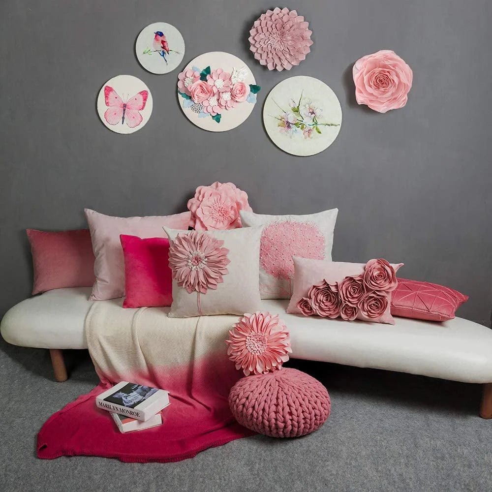 3D Handmade Square Flower Throw Pillow Cases for Room Sofa Bedding Couch Decoration 18X18Inch Pink No Insert