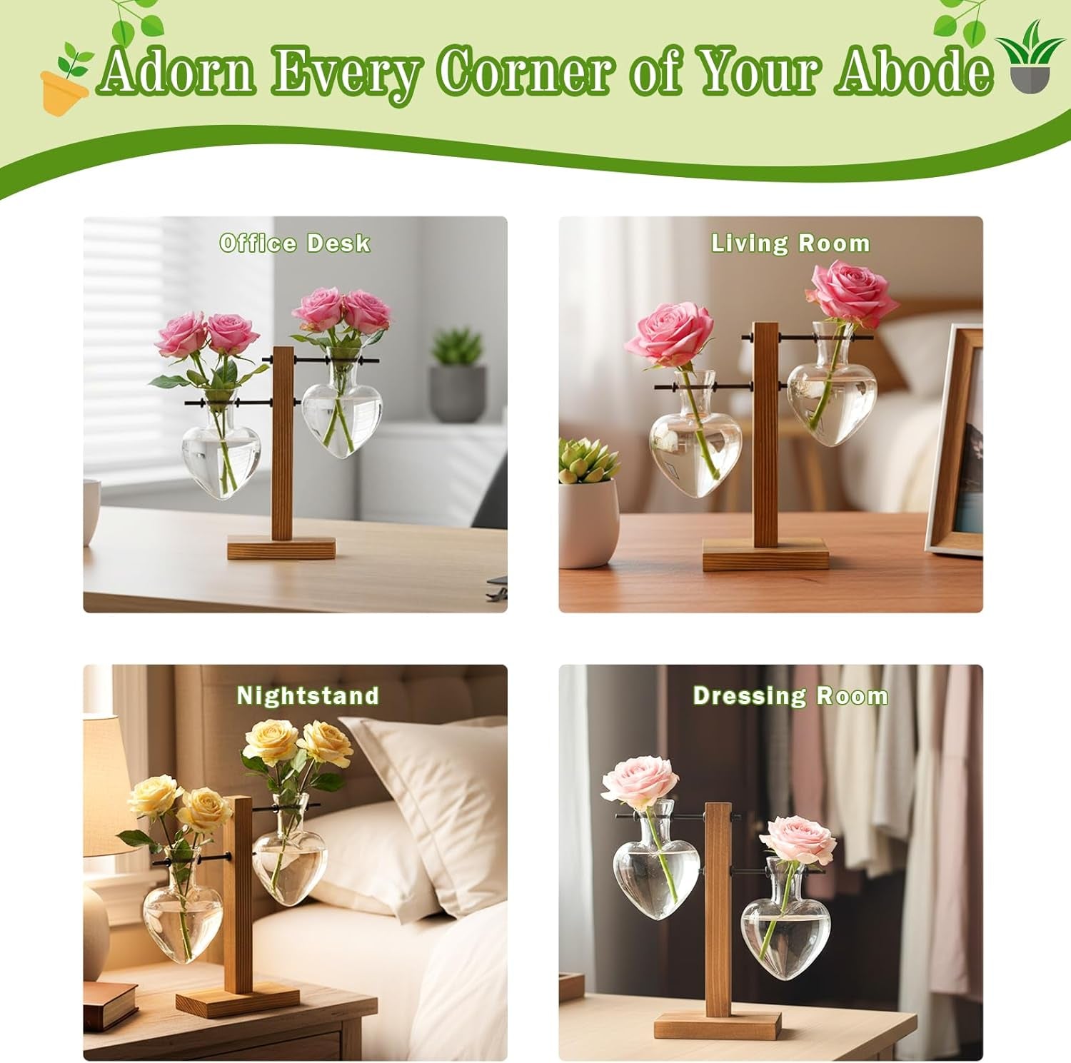 Plant Terrarium Wooden Stand, Hydroponic Planter Bulb Glass Metal Swivel Holder Retro Air Plants Water Plants for Home Office Decoration,Gifts for Plant Lover Wife Mom- 2 Love Bulb Vase