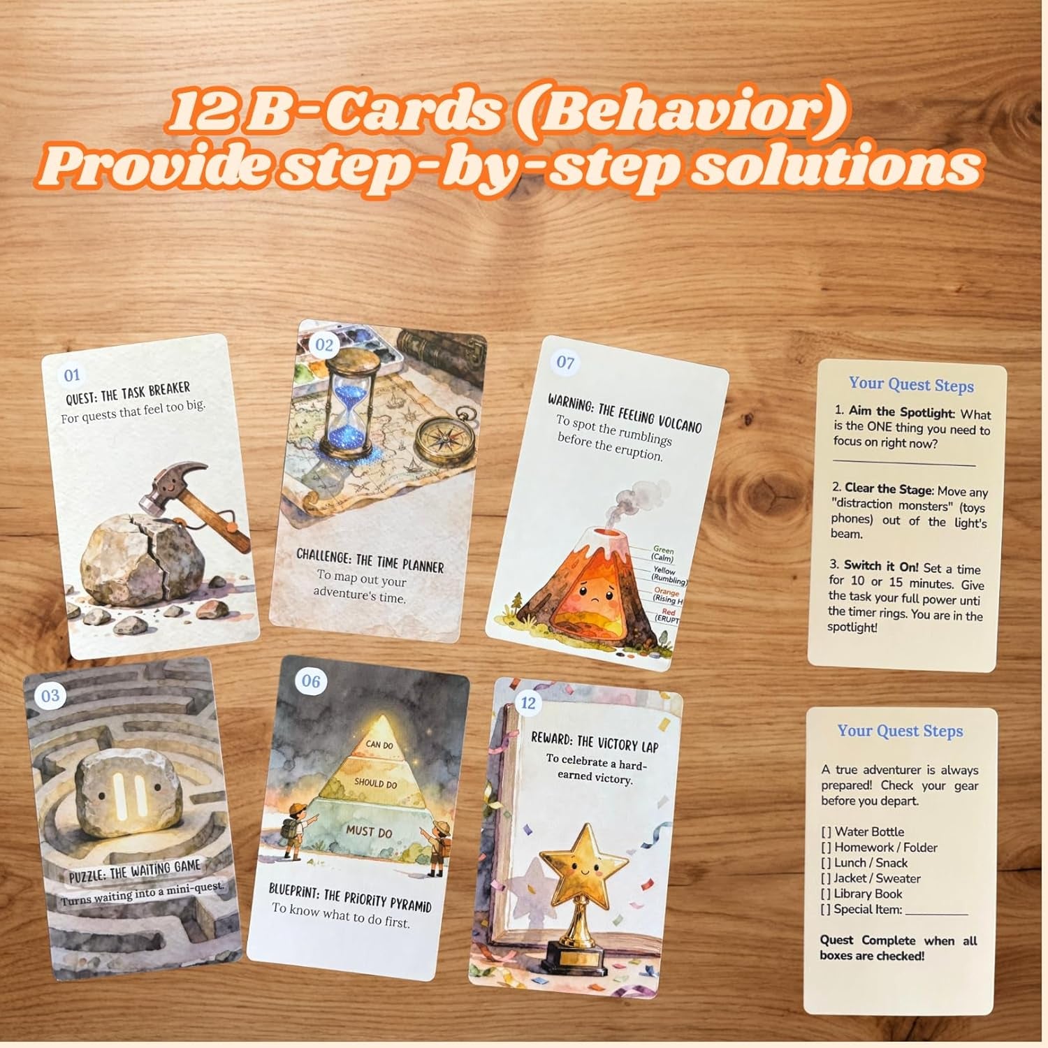 ADHD Skill Cards for Kids & Parents - 52 Guided Therapy Cards for Emotional Regulation, Focus & Social Skills - Pocket-Sized Behavior Management Tool with A/B System, Ages 6-12, Home School Therapy