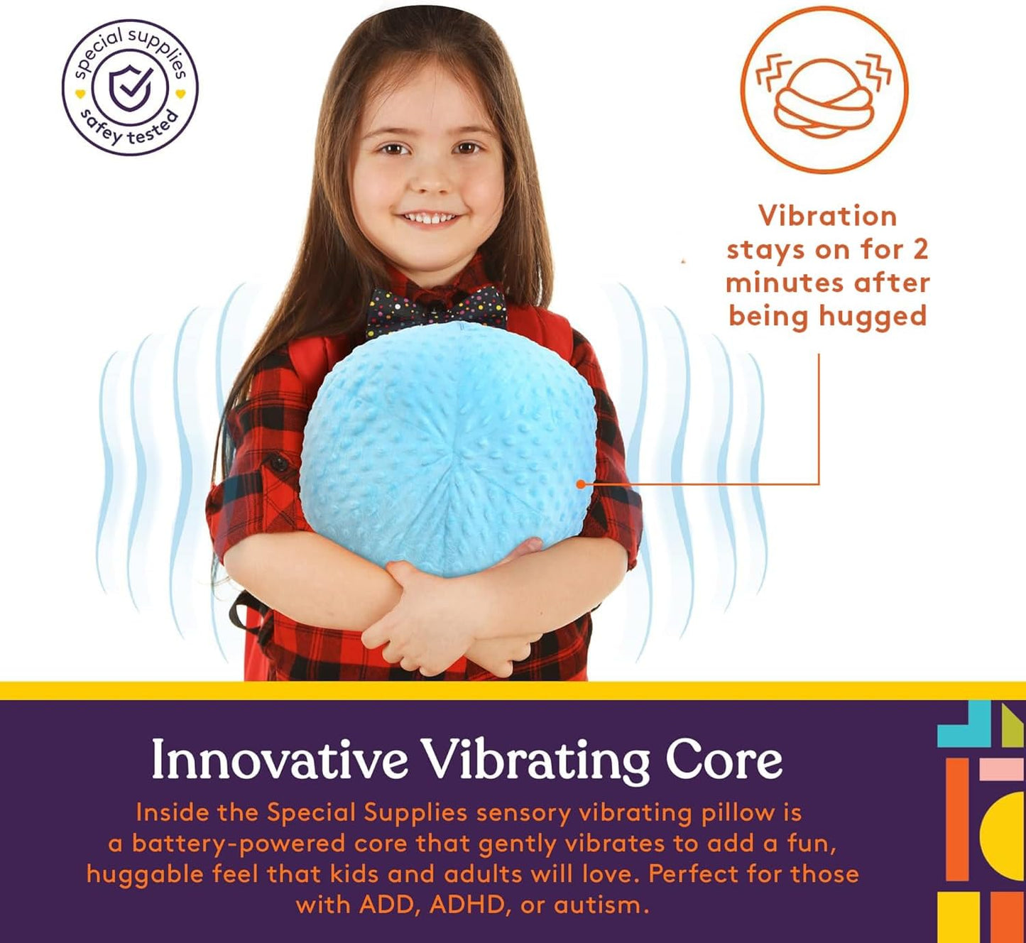 Vibrating Ball Pillow Sensory Pressure Activated for Kids and Adults, Plush Minky Soft Cover with Textured Therapy Stimulation Bumps, 3 Vibration Modes, Music & Voice Recording- Blue