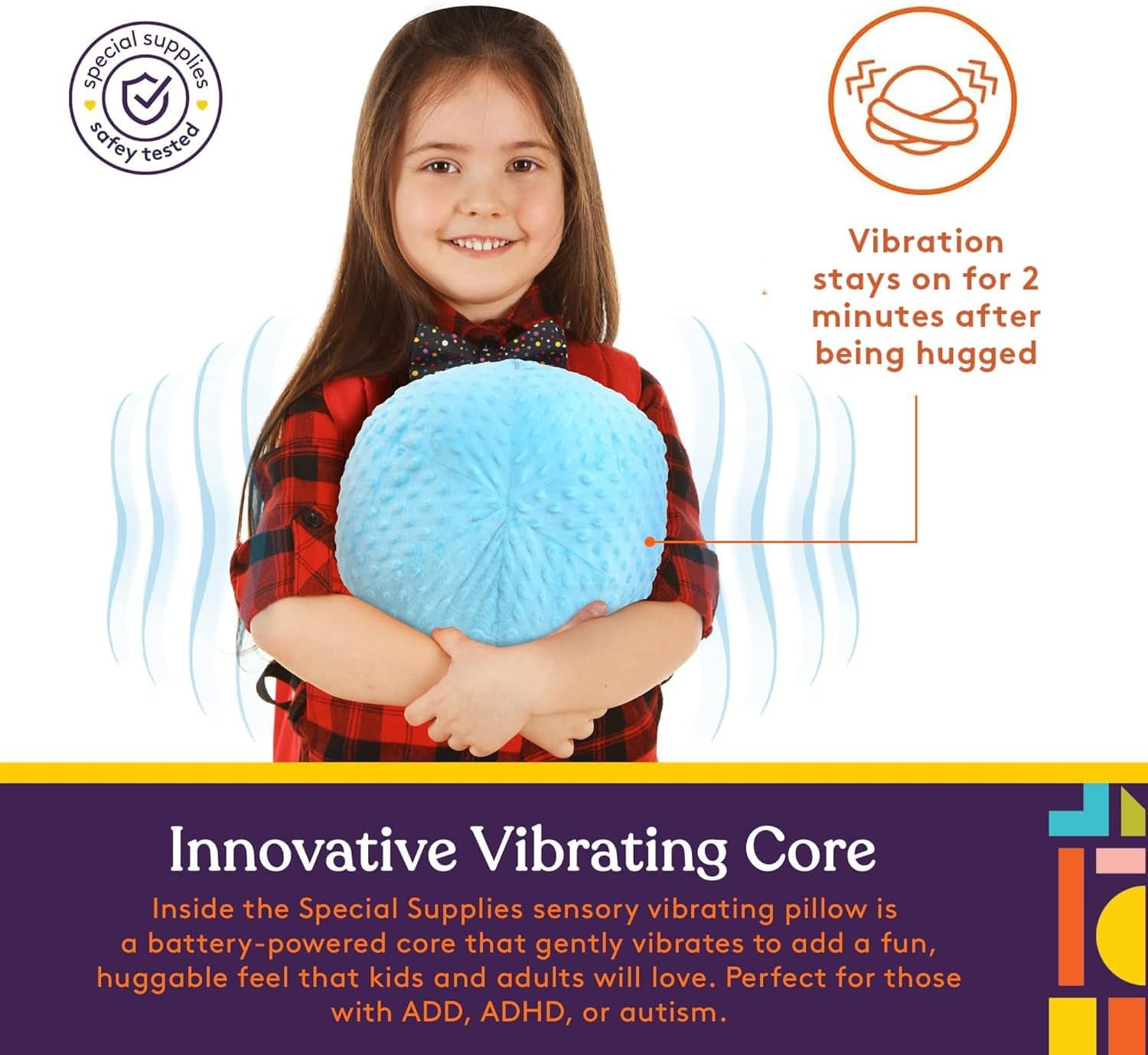 Vibrating Ball Pillow Sensory Pressure Activated for Kids and Adults, Plush Minky Soft Cover with Textured Therapy Stimulation Bumps, 3 Vibration Modes, Music & Voice Recording- Blue