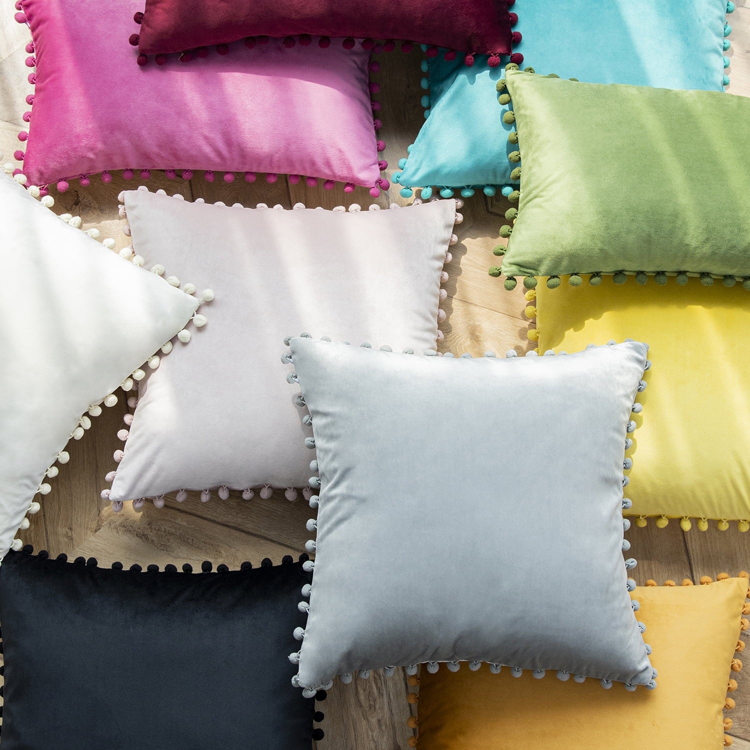 Velvet Series Pom Pom Square Decorative Throw Pillow, 20" X 20", Turquoise, 1 Pack
