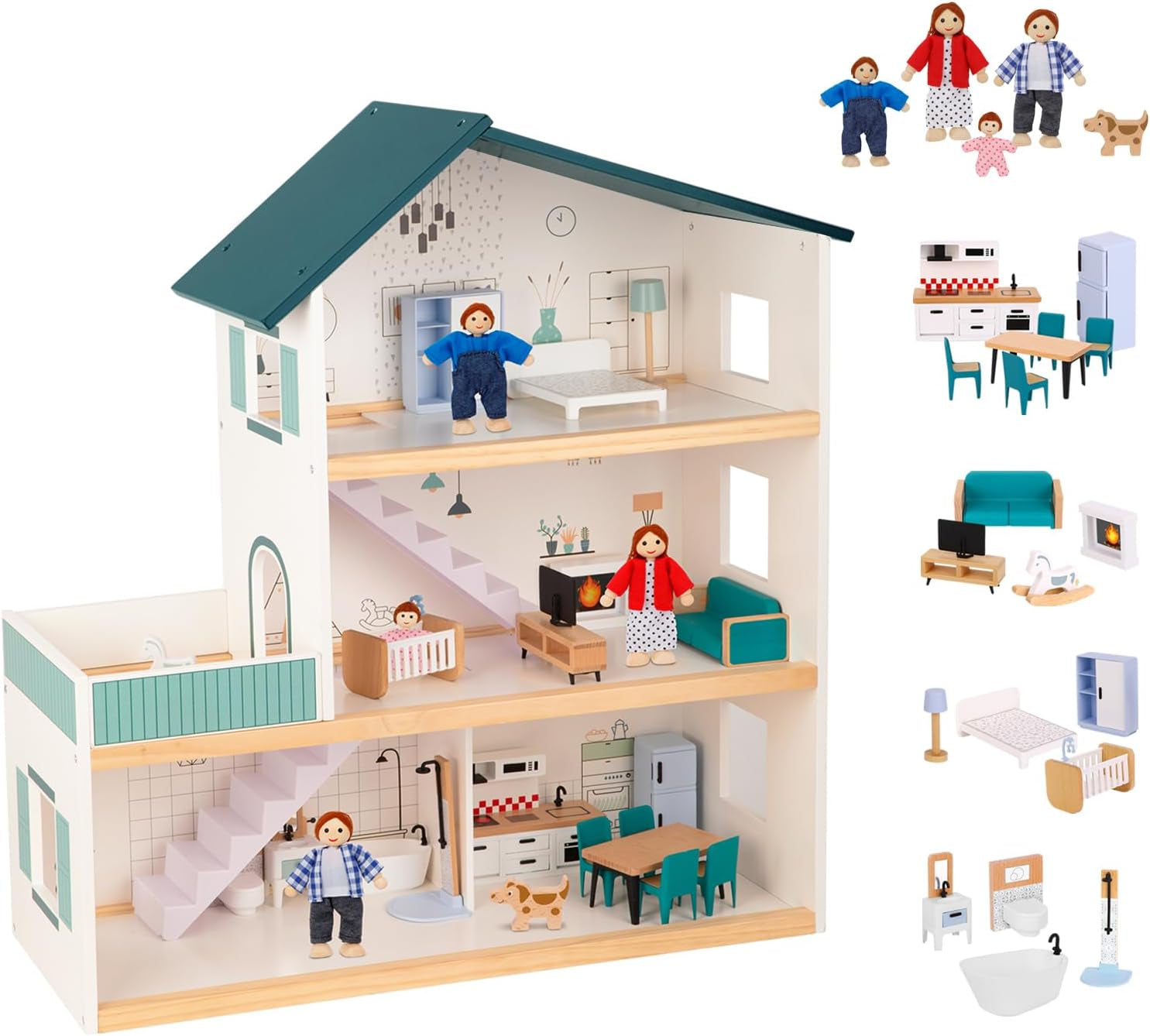 Wooden Dollhouse for Kids, Doll House with Simulated Luxury Furniture Set, Dollhouse Playset for Girls Toddlers (Including 4 Family Dolls and a Dog)