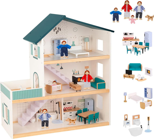 Wooden Dollhouse for Kids, Doll House with Simulated Luxury Furniture Set, Dollhouse Playset for Girls Toddlers (Including 4 Family Dolls and a Dog)