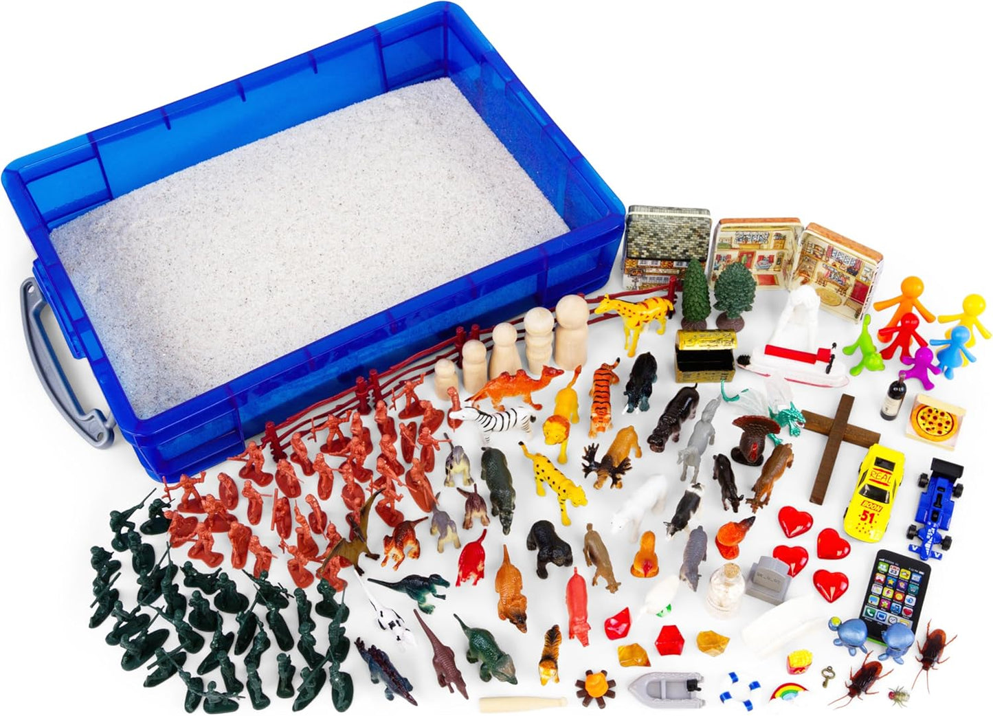 Play Therapy Supply Basic Portable Sand Tray Starter Kit with Tray, Sand, and 150+ Miniatures