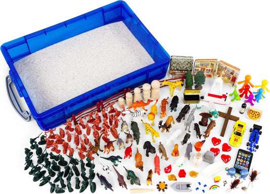 Play Therapy Supply Basic Portable Sand Tray Starter Kit with Tray, Sand, and 150+ Miniatures