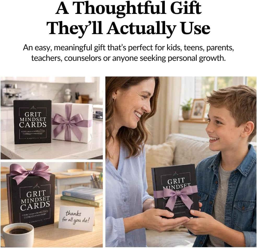 Grit Mindset Cards – 52 Daily Habits for Persistence, Resilience & Confidence – Motivational Mindset Cards for Kids, Teens & Adults – Includes Wooden Display Stand – Gift for Teachers & Coaches