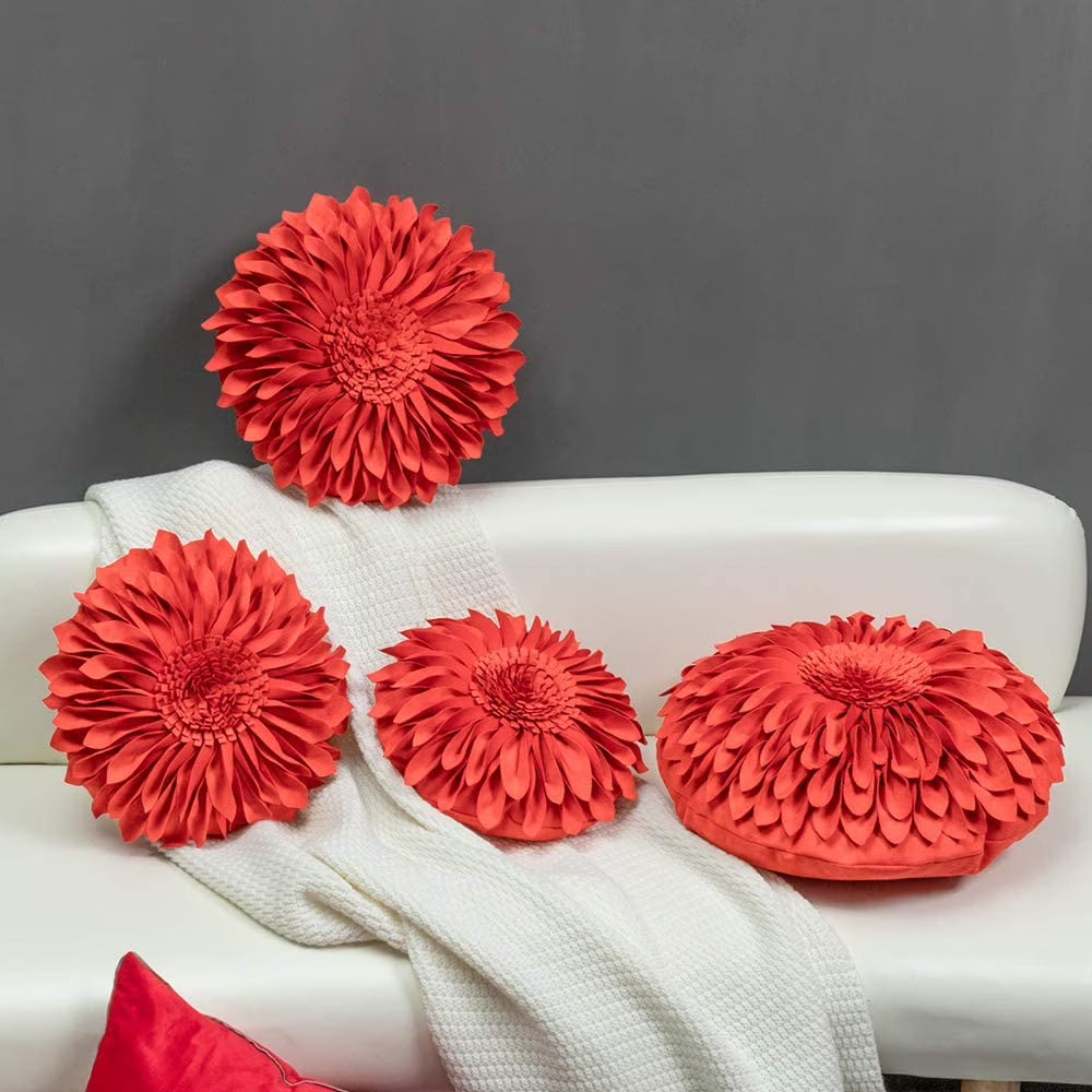 Decorative round Suede Flower Throw Pillows with Insert for Bed Sofa 14 Inch Orange Red