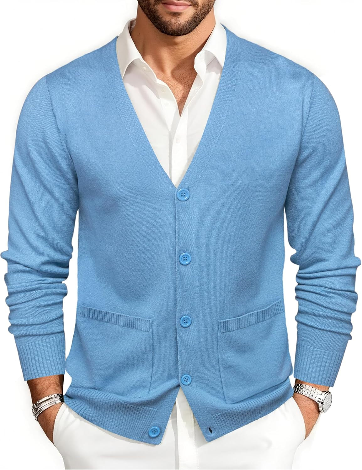 Mens Cardigan Sweater Long Sleeve Casual V Neck Solid Knitwear Cardigans with Pockets Business Weekend