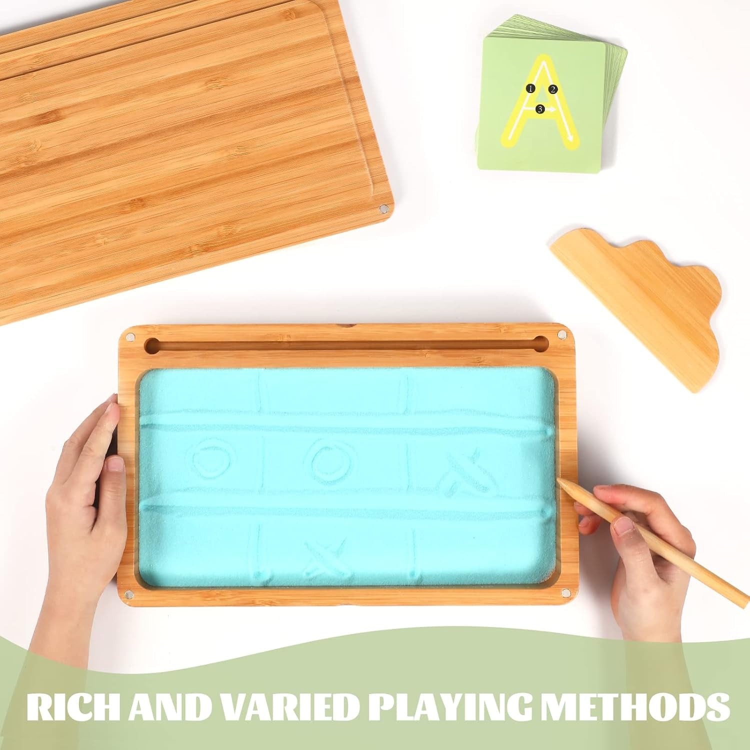 Montessori Sand Tray with Lid - Wooden Sand Trays for Kids Writing Letters and Numbers, Preschool Classroom Must Haves, Kindergarten Learning Tools (Blue)