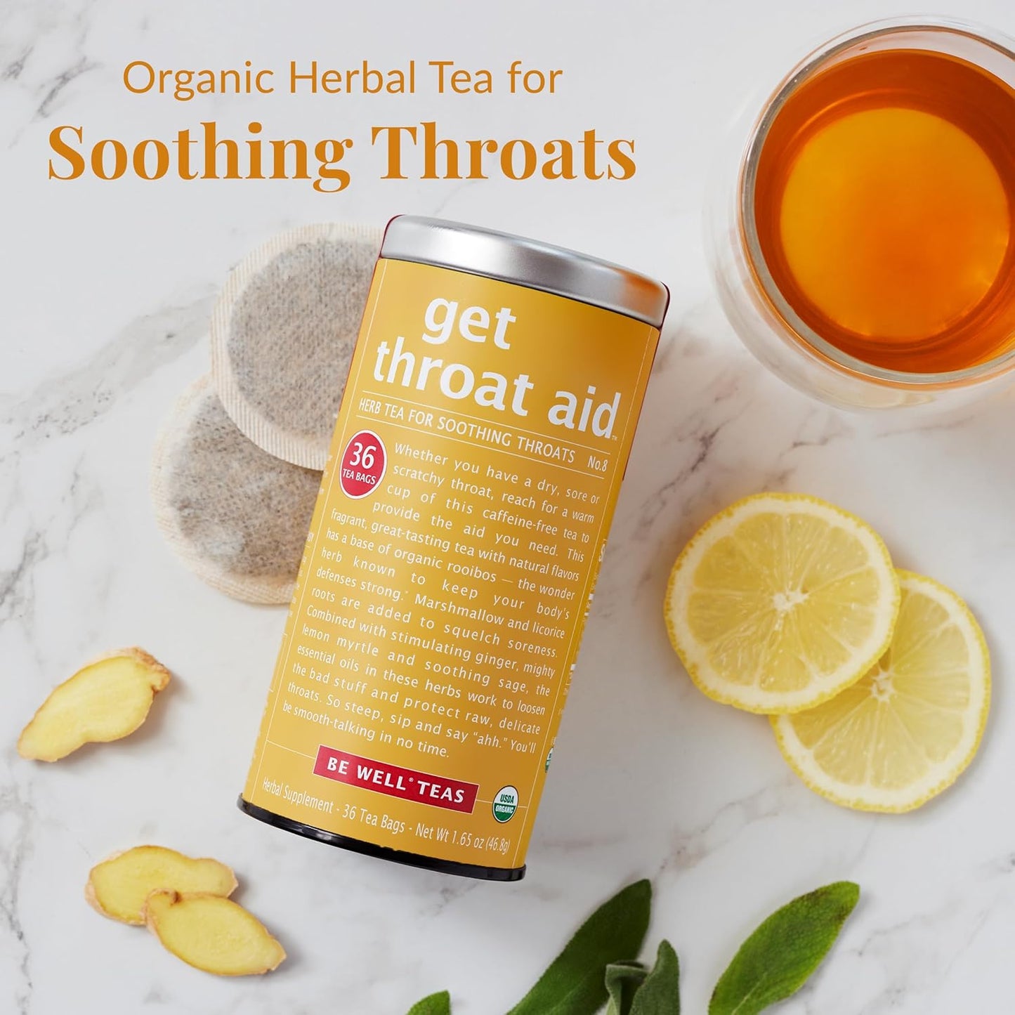 The Republic of Tea — Organic Get Throat Aid Herb Tea Tin, 36 Tea Bags, Naturally Caffeine Free Be Well Tea