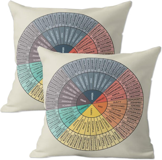 Pillow Covers 18X18 Inch Set of 2 Wheel of Emotions Feelings Therapy Chart Beige Throw Pillows Case Decor for Counselor Physical Therapist Gifts Home Decorative Couch Cushion Pillowcase