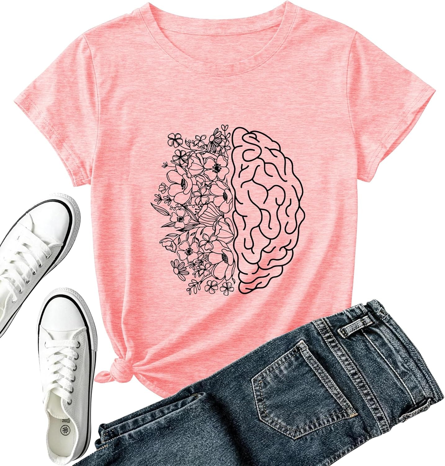 Mental Health Awareness Shirt Women-Brain Flower Tshirt Women Neuro Diversity Tee Tops Motivational Short Sleeve