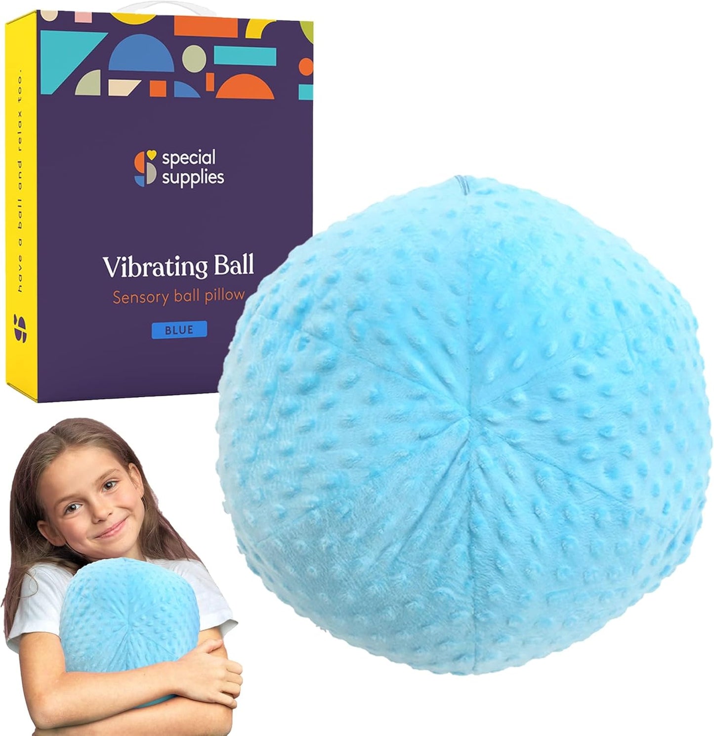 Vibrating Ball Pillow Sensory Pressure Activated for Kids and Adults, Plush Minky Soft Cover with Textured Therapy Stimulation Bumps, 3 Vibration Modes, Music & Voice Recording- Blue