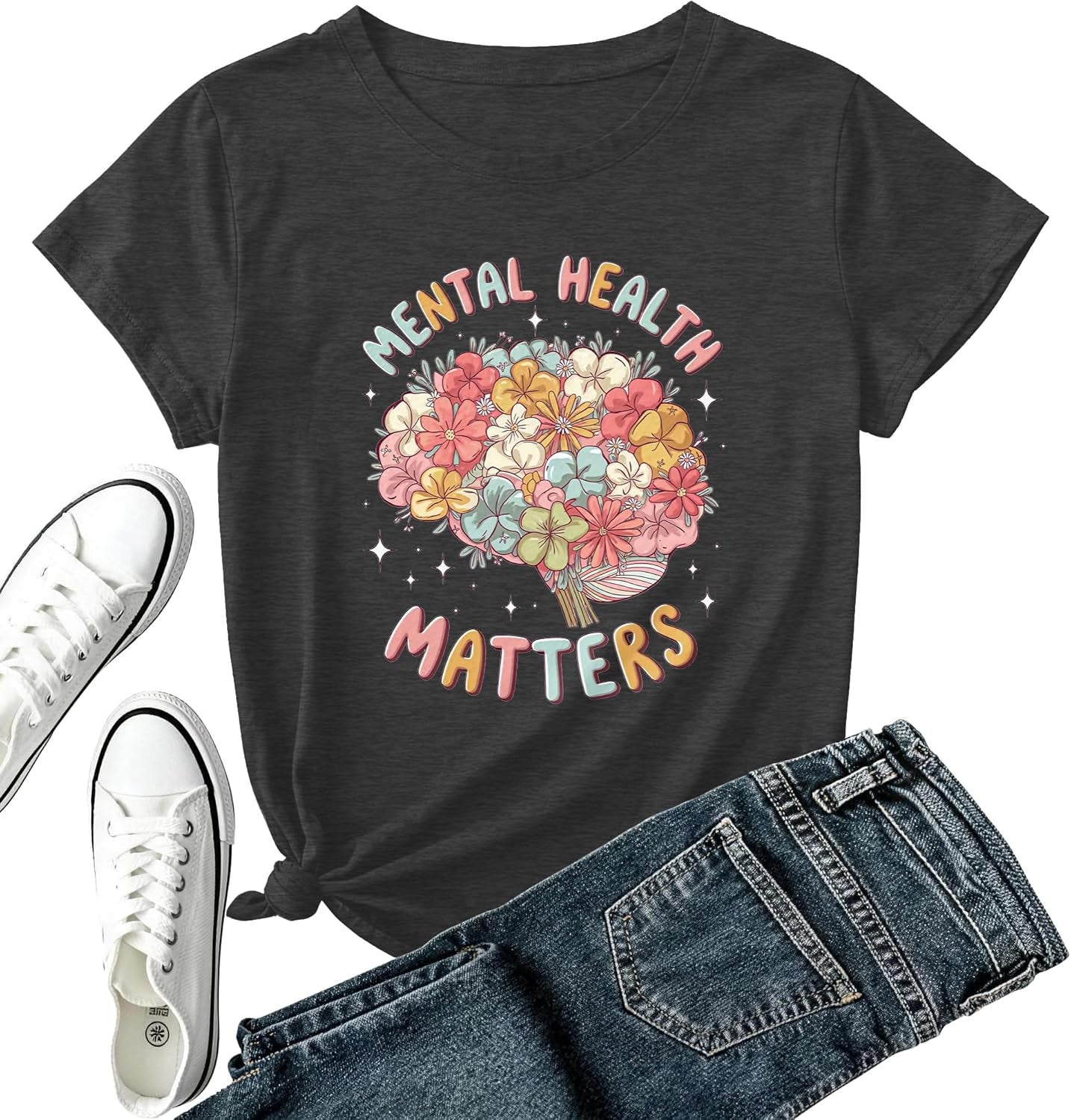 Mental Health Awareness Shirt Women-Brain Flower Tshirt Women Neuro Diversity Tee Tops Motivational Short Sleeve