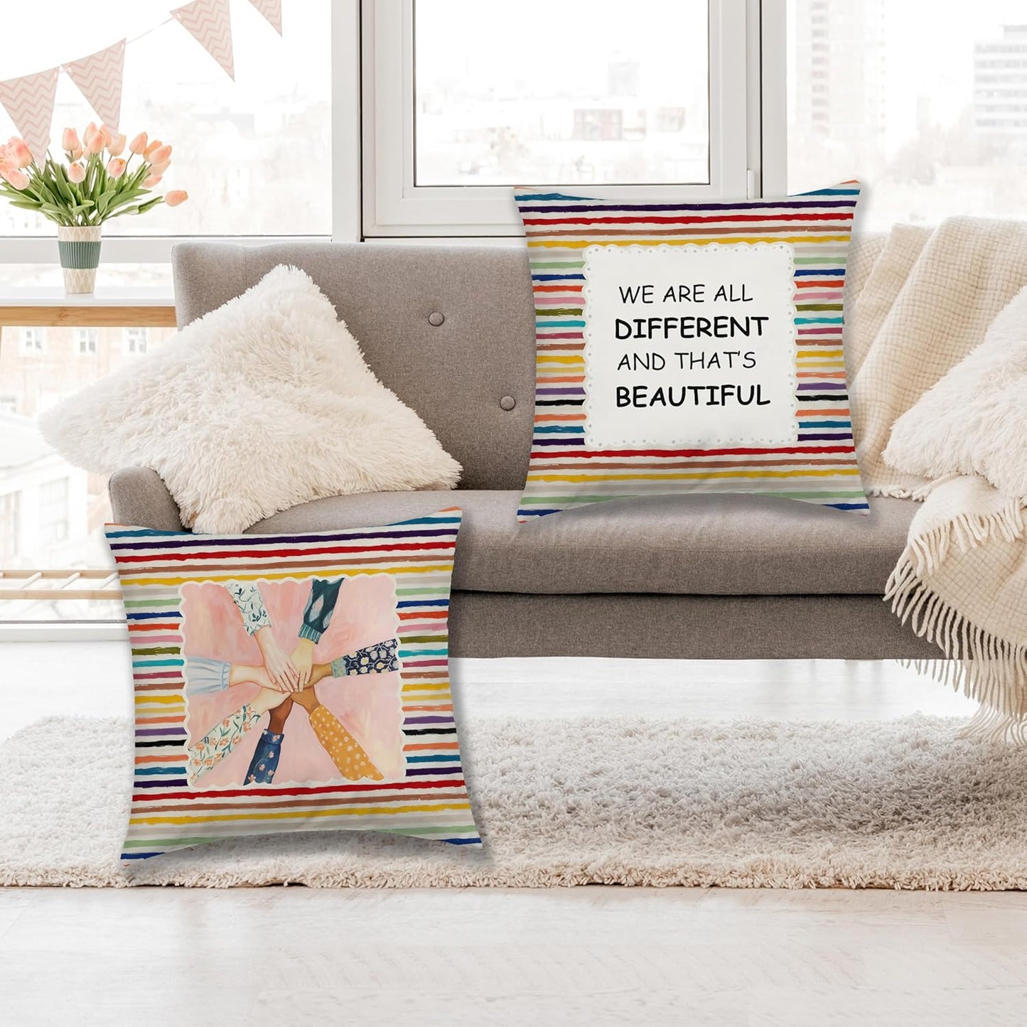 Inspirational Diversity Throw Pillow Covers 18X18 In, Equality Motivational Decorative Couch Cushion Covers, Inspirational Gifts for Women, Pillow Case for Classroom Office Bedroom, Set of 2