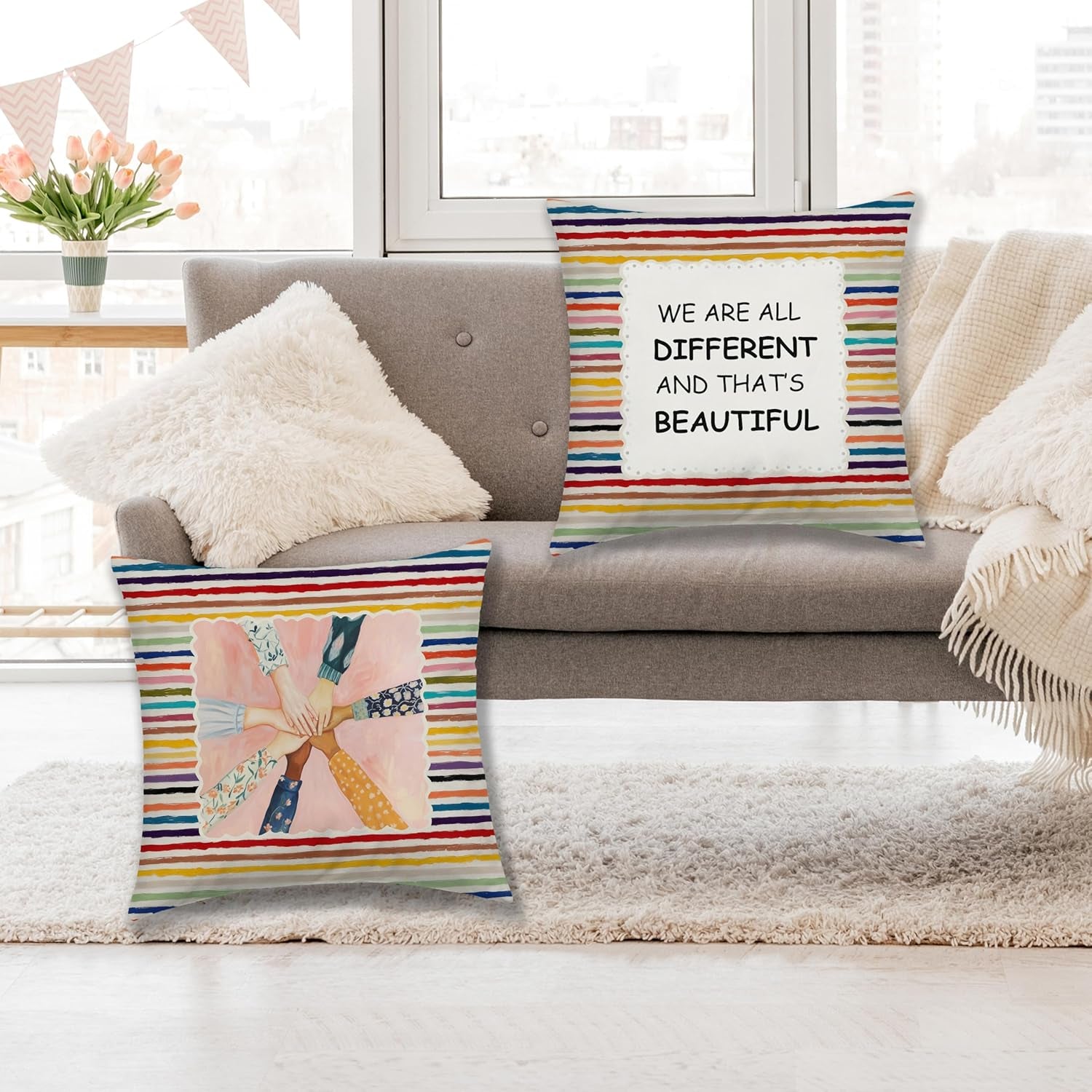 Inspirational Diversity Throw Pillow Covers 18X18 In, Equality Motivational Decorative Couch Cushion Covers, Inspirational Gifts for Women, Pillow Case for Classroom Office Bedroom, Set of 2