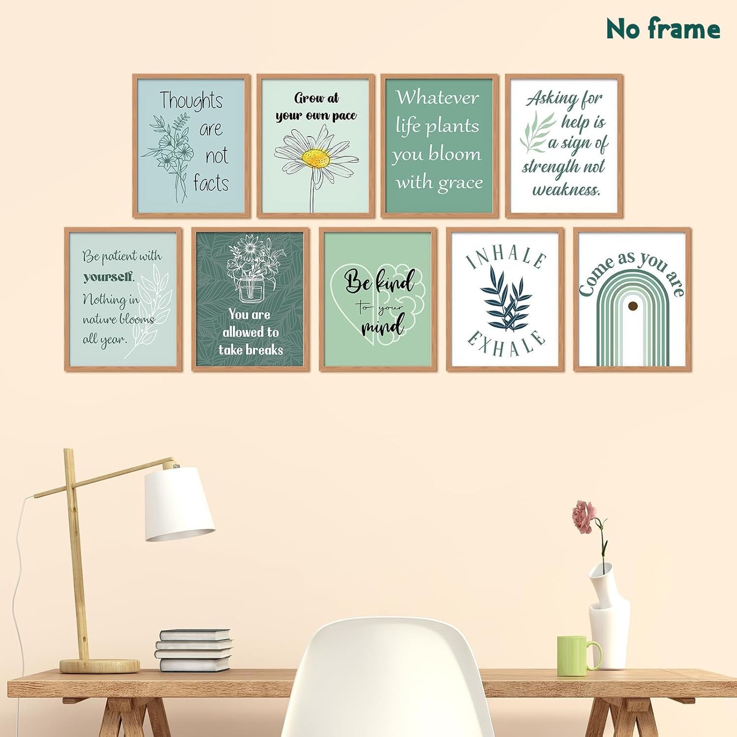 9 Pcs Mental Health Posters Boho Therapy Office Decor Motivational Counselor Psychology Posters, 8 X 10 In(Green)