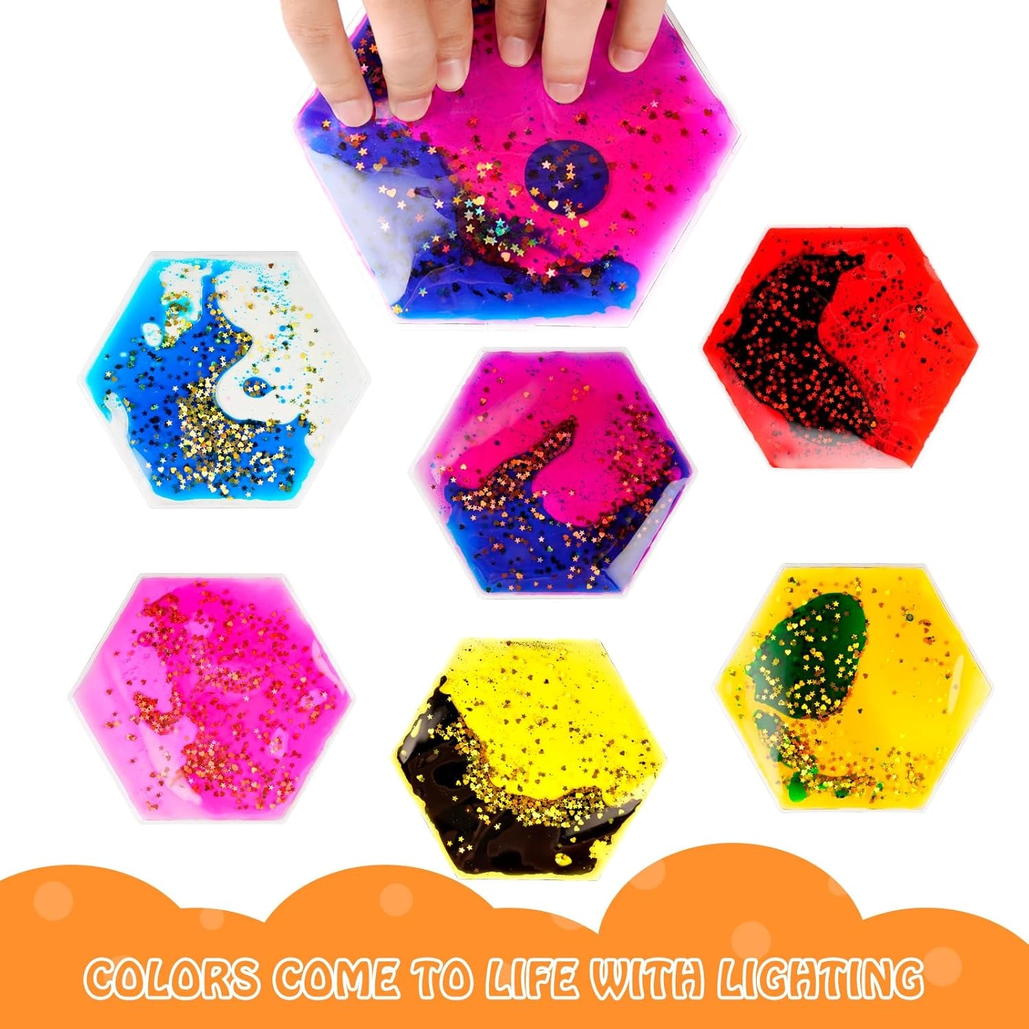 Sensory Soft Gel Liquid Toys - Hexagon Sensory Motion Fidget for Autism Kids, Stress Relief & Focus, Home School Therapy Travel Toys (6 Pack)