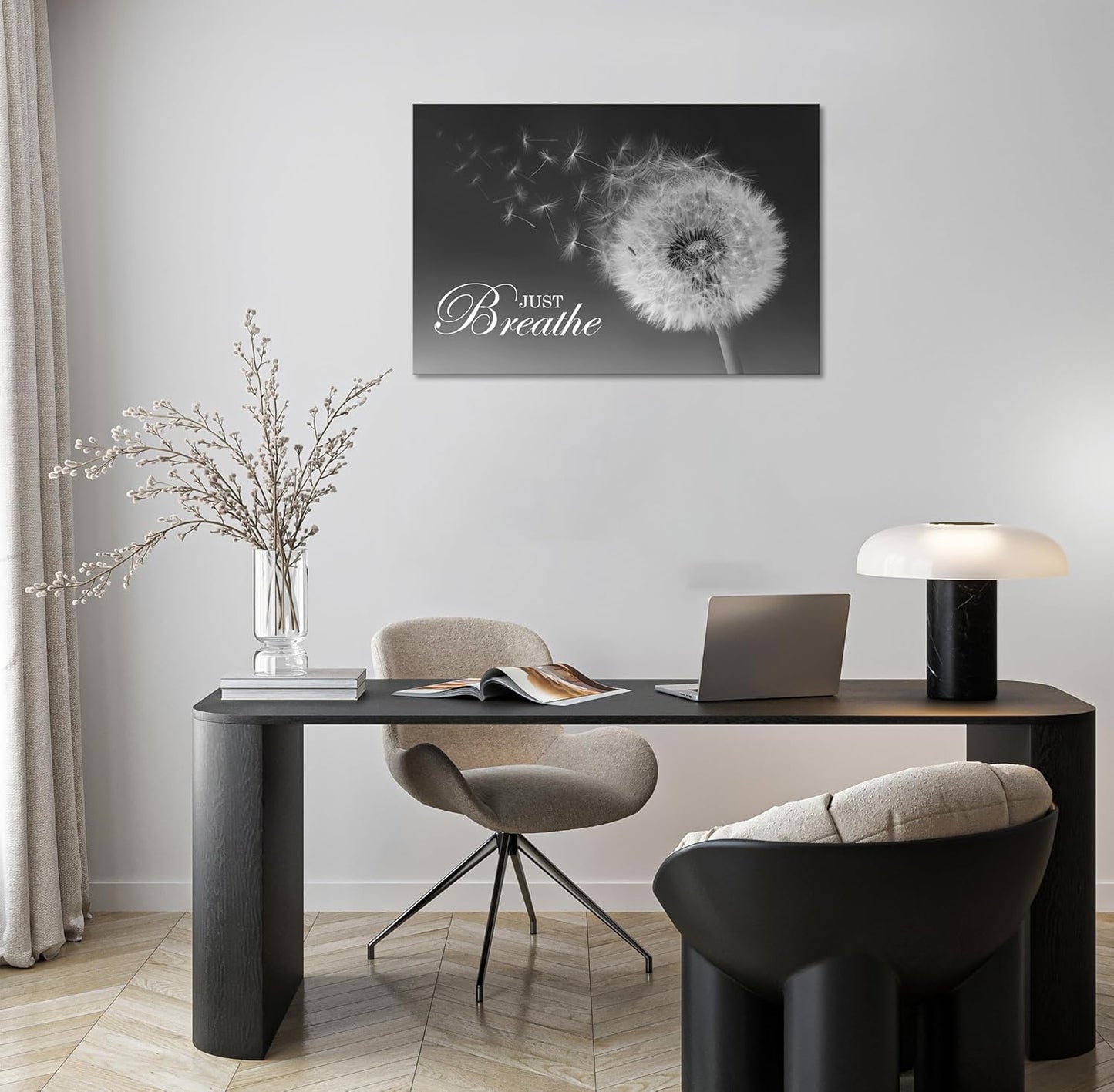 Just Breathe Wall Art Zen Office Wall Decor Inspirational Yoga Quotes Positive Relax Artwork Picture Black and White Dandelion Posters Print for Meditation Room (12L X 16W)