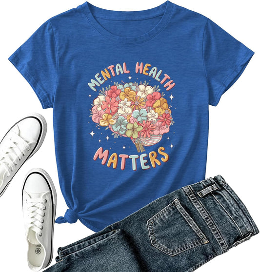 Mental Health Awareness Shirt Women-Brain Flower Tshirt Women Neuro Diversity Tee Tops Motivational Short Sleeve