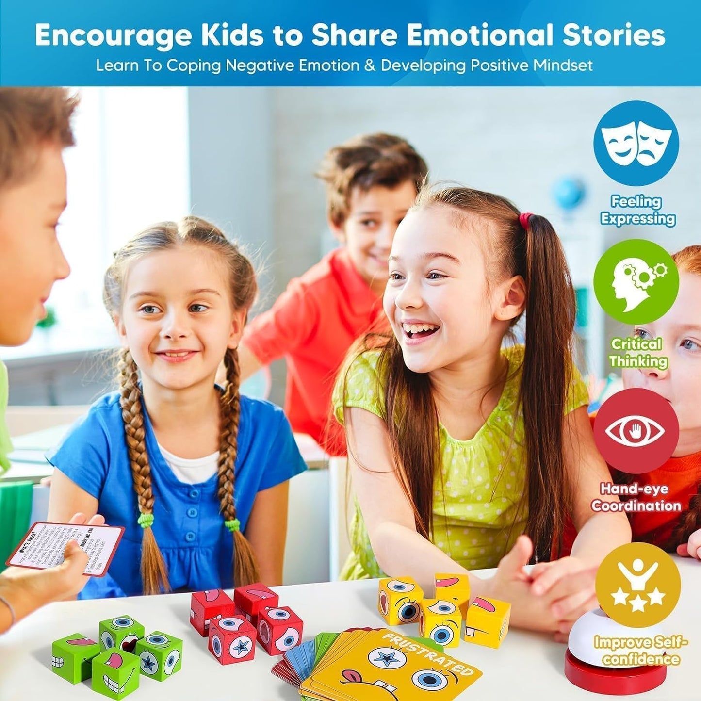 Feelings Cube Game for Kids Social Emotional Learning, W/56 Emotion Cards, Autism Speech Therapy Materials & Activities, School Counselor Office Must Haves, Feeling Toy for Kids