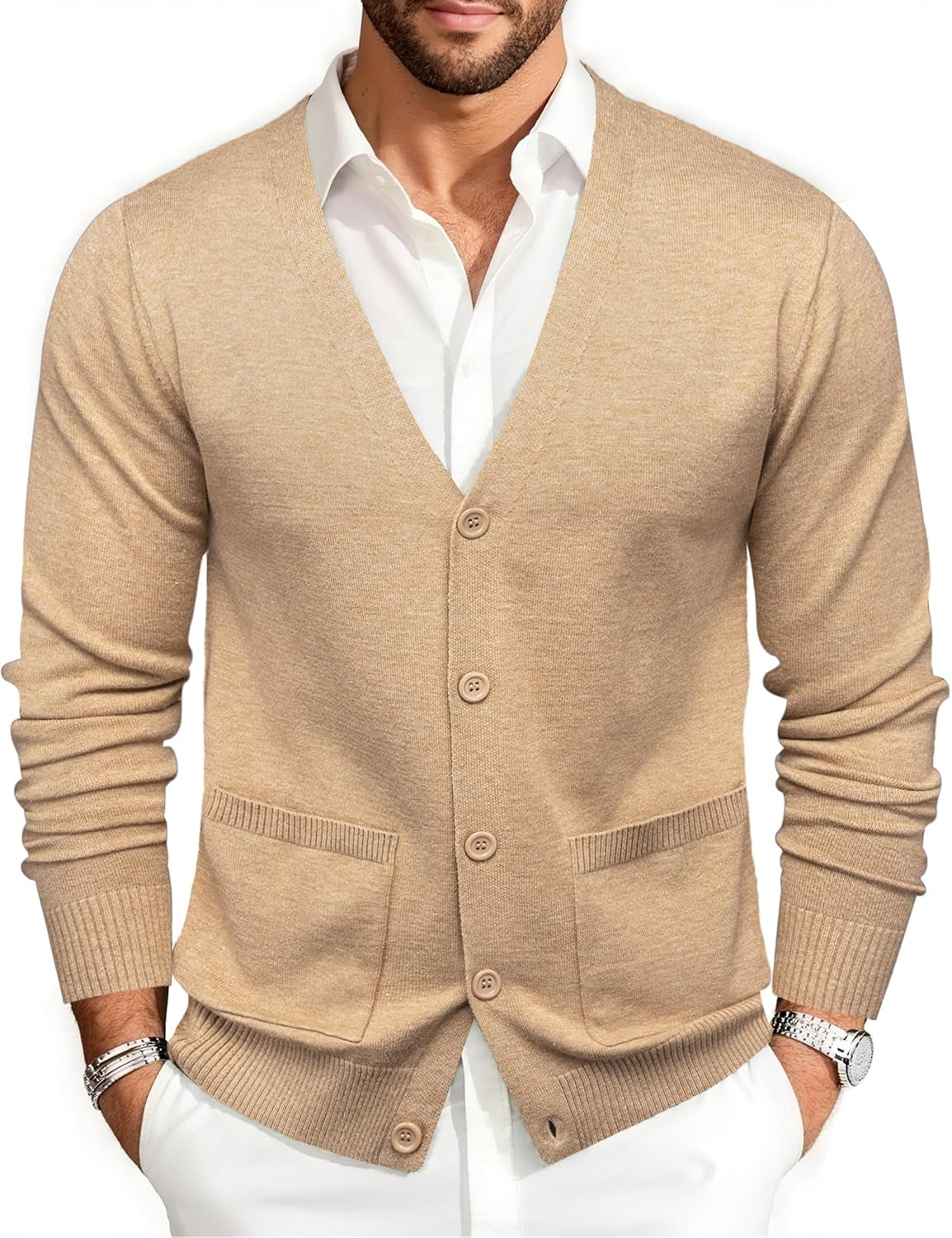 Mens Cardigan Sweater Long Sleeve Casual V Neck Solid Knitwear Cardigans with Pockets Business Weekend