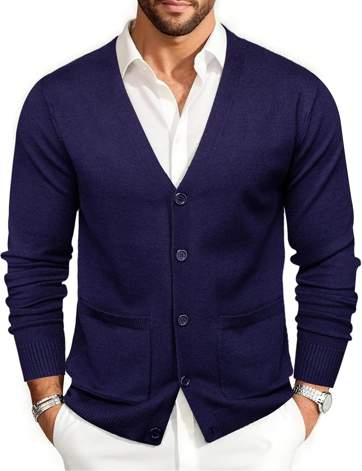 Mens Cardigan Sweater Long Sleeve Casual V Neck Solid Knitwear Cardigans with Pockets Business Weekend