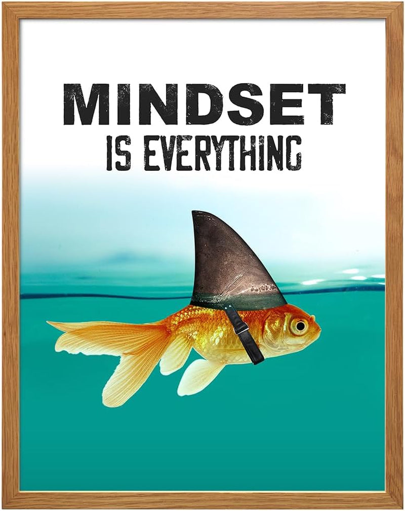 Mindset Is Everything - Motivational Wall Art Poster for Home, Office - Gift for Entrepreneur, Student, Men, Teens - Inspirational Decor - Uplifting Self-Improvement Positive Quote - Shark Goldfish