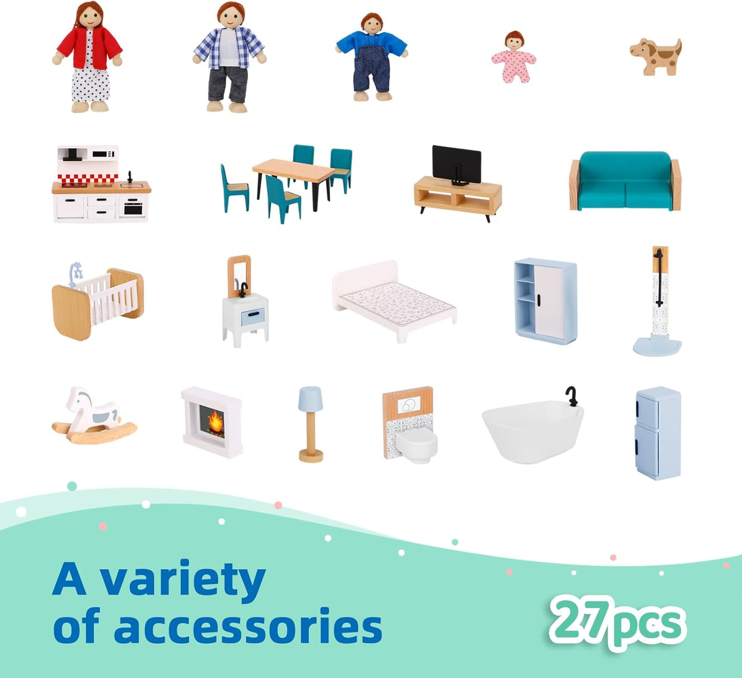 Wooden Dollhouse for Kids, Doll House with Simulated Luxury Furniture Set, Dollhouse Playset for Girls Toddlers (Including 4 Family Dolls and a Dog)