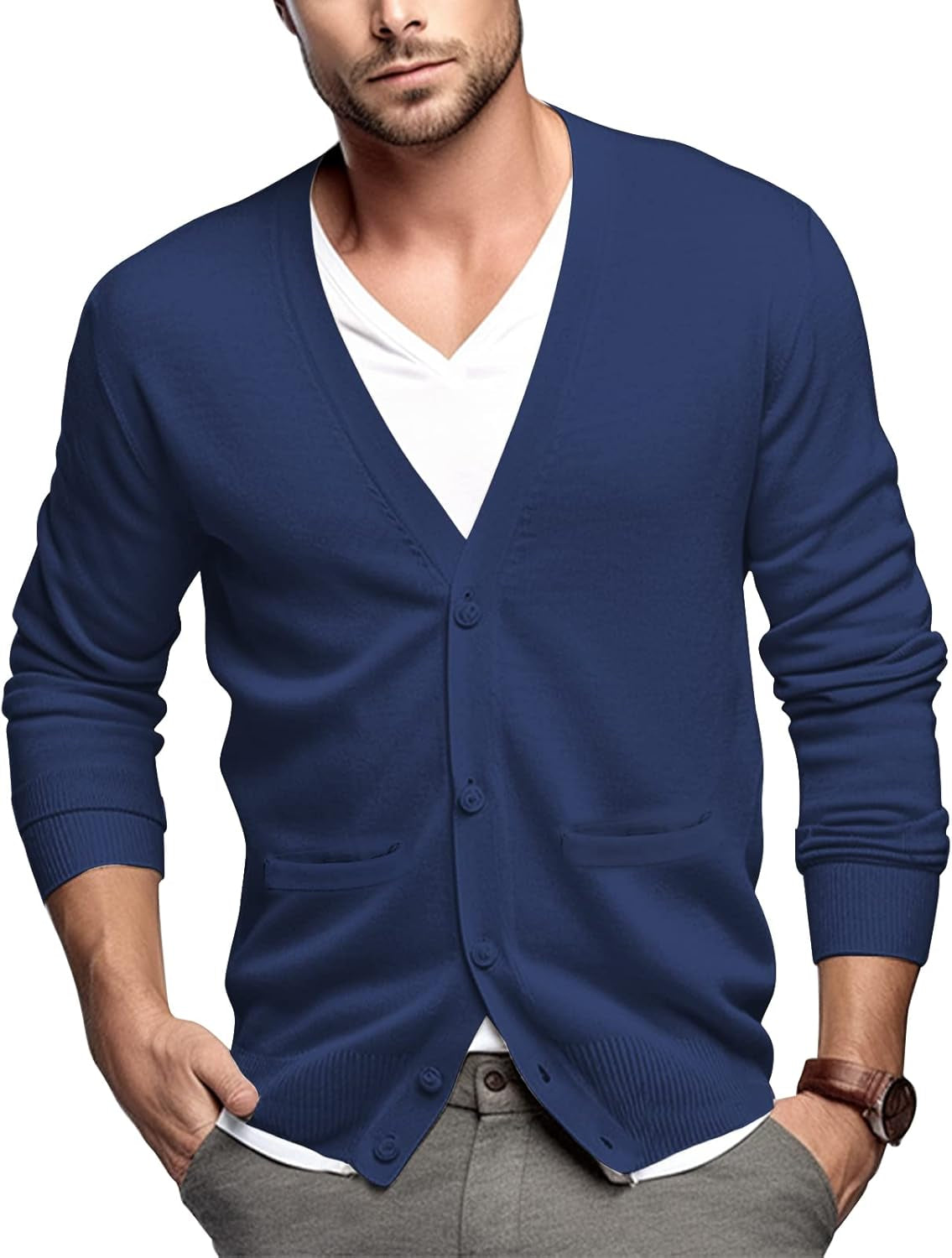 Men'S Cardigan 100% Cotton Sweater V-Neck Button down Knitted Outerwear with Pockets Fashion 2026