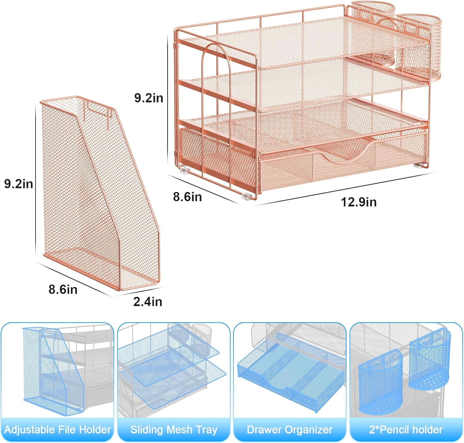 Desk Organizers and Accessories with File Holder, 4-Tier Desk Accessories & Workspace Organizers with Drawer and 2 Pen Holder, Paper Organizer for Office Supplies (Rose Gold)