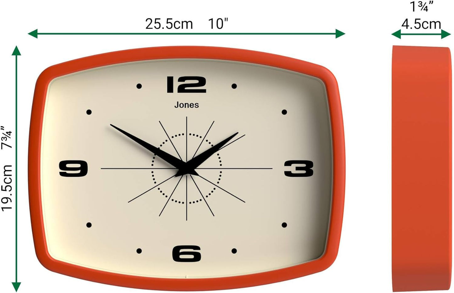 ® Movie Wall Clock | Retro Rectangular Clock | 10 Inch | Orange | Cool Mid-Century Designer Look for Kitchen, Living Room or Office
