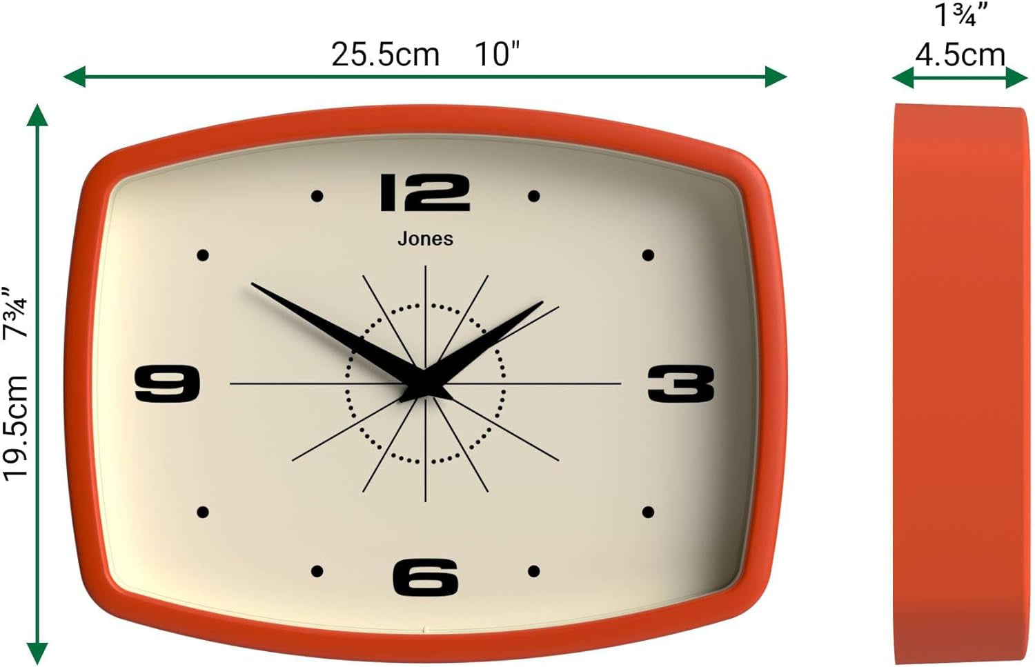 ® Movie Wall Clock | Retro Rectangular Clock | 10 Inch | Orange | Cool Mid-Century Designer Look for Kitchen, Living Room or Office
