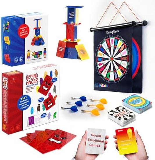 Therapy Essentials Pack | Therapy Games for Kids & Teens | CBT Counseling Tools for Therapists, Counselors & Teachers, behind the Anger Kit, & Vibes Emotional Dartboard