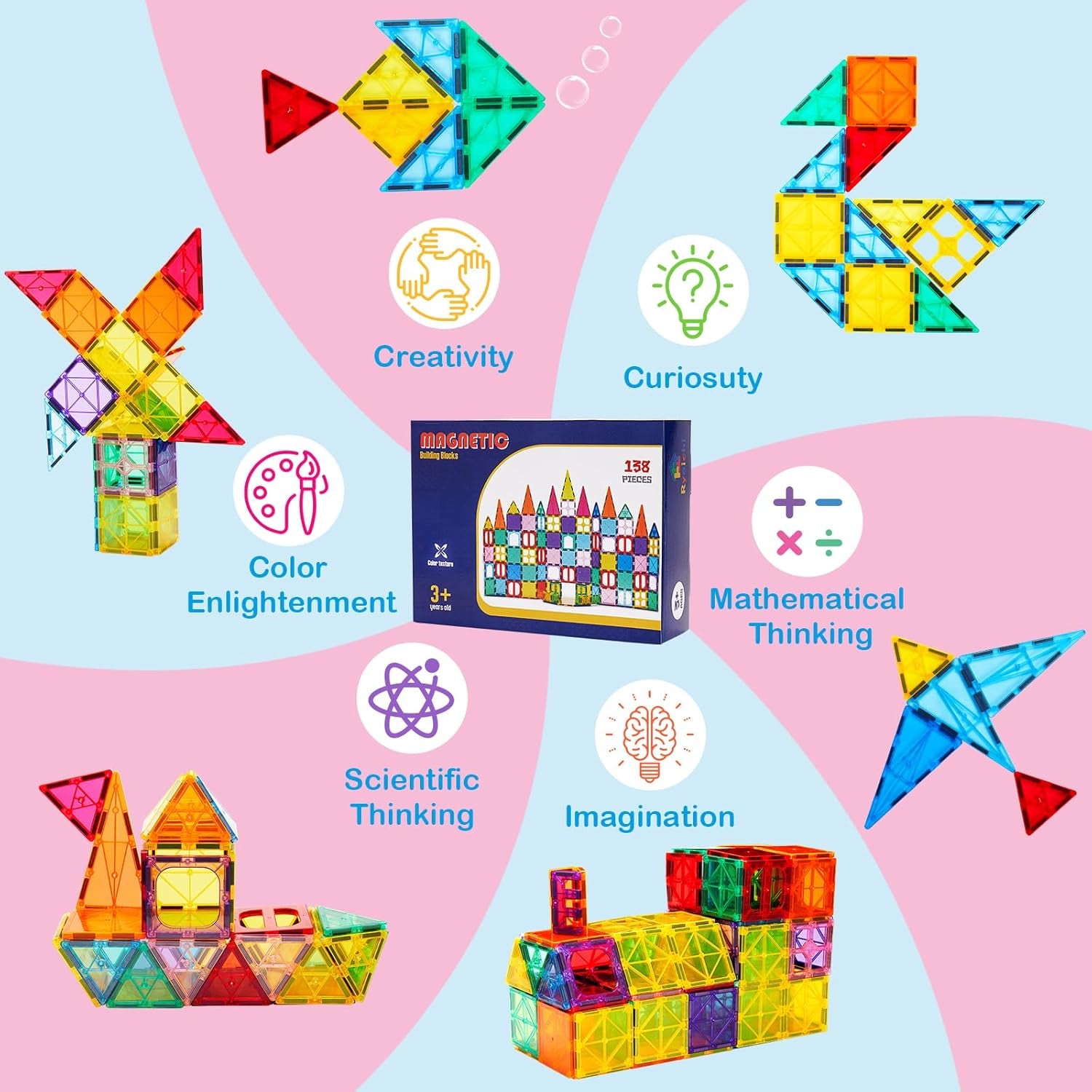 138PCS Magnetic Tiles Set with 2 Cars, STEM Educational Construction Building Blocks & Montessori Learning Toys for Kids Ages 3-9+ Years