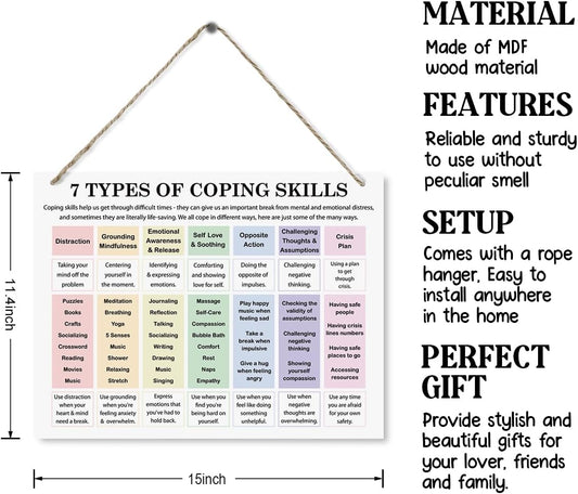 Therapy Decor, 7 Types of Coping Sills Sign, Mental Health Wall Decor, Decorative Wood Plaque for Hanging, Therapist Office Wall Decor, Psychology Decorations for Home Office Counseling Recovery