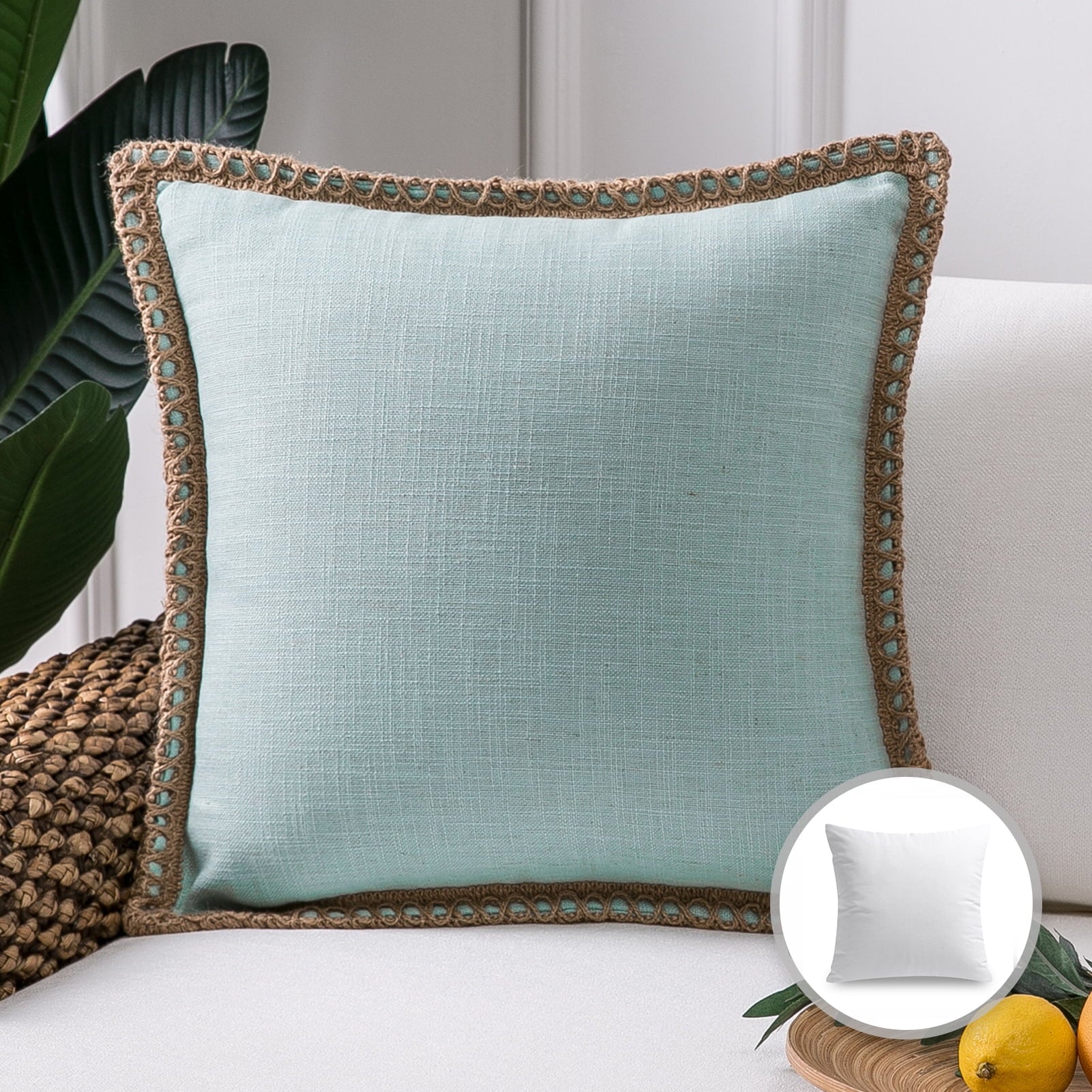 Linen Trimmed Farmhouse Series Decorative Throw Pillow, 18" X 18", Light Blue, 1 Pack