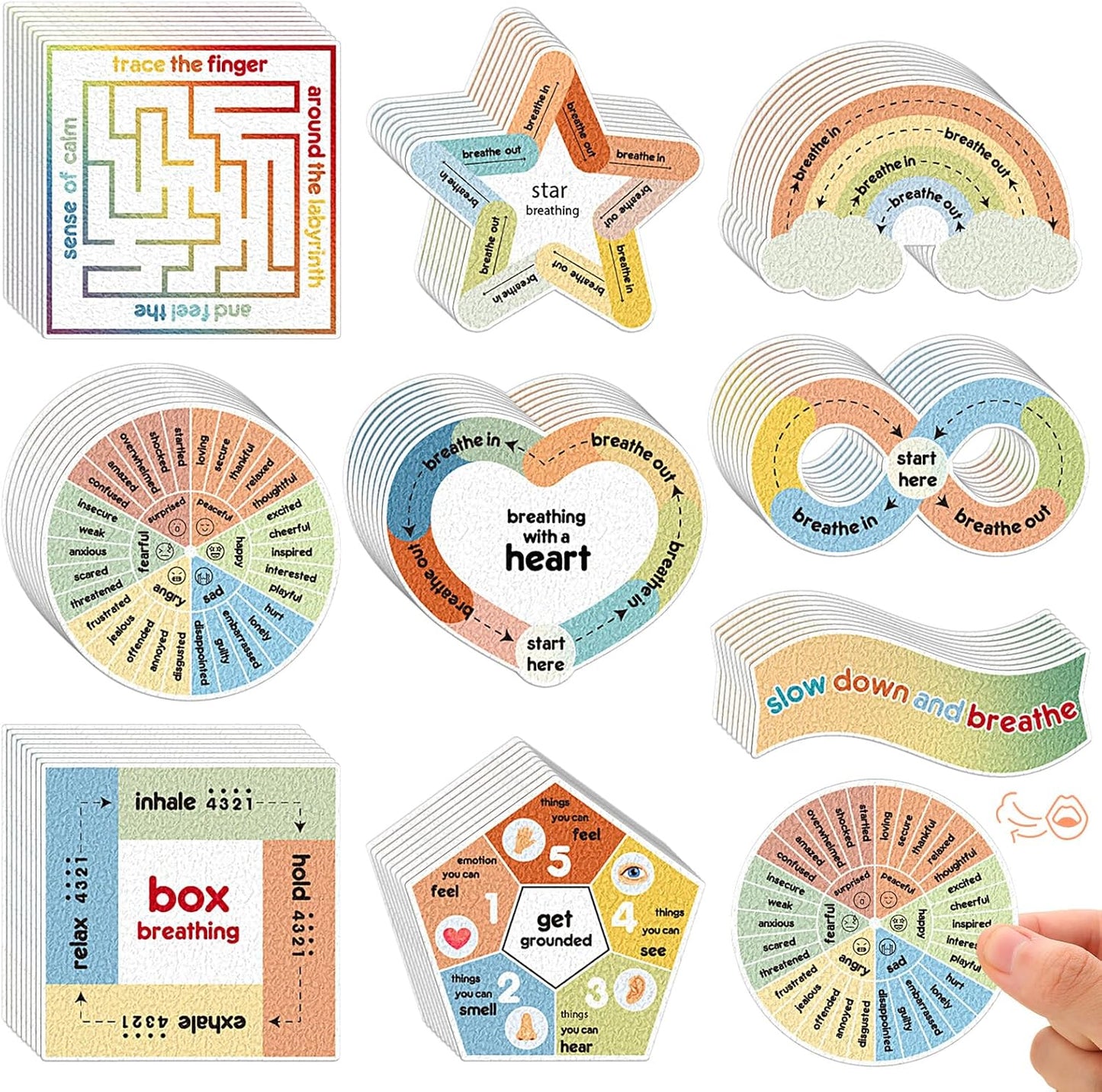 72 Pieces Anxiety Sensory Stickers Textured Stickers Fidget Mindfulness Sticker School Counselor Supplies Adult Sensory Items Anxiety Relief, 9 Styles(Retro Color)