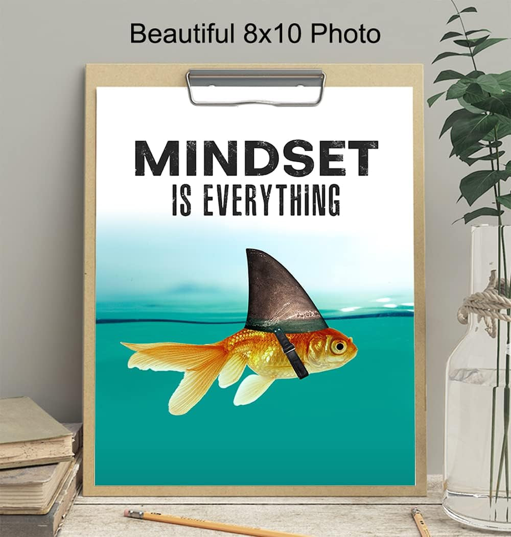 Mindset Is Everything - Motivational Wall Art Poster for Home, Office - Gift for Entrepreneur, Student, Men, Teens - Inspirational Decor - Uplifting Self-Improvement Positive Quote - Shark Goldfish