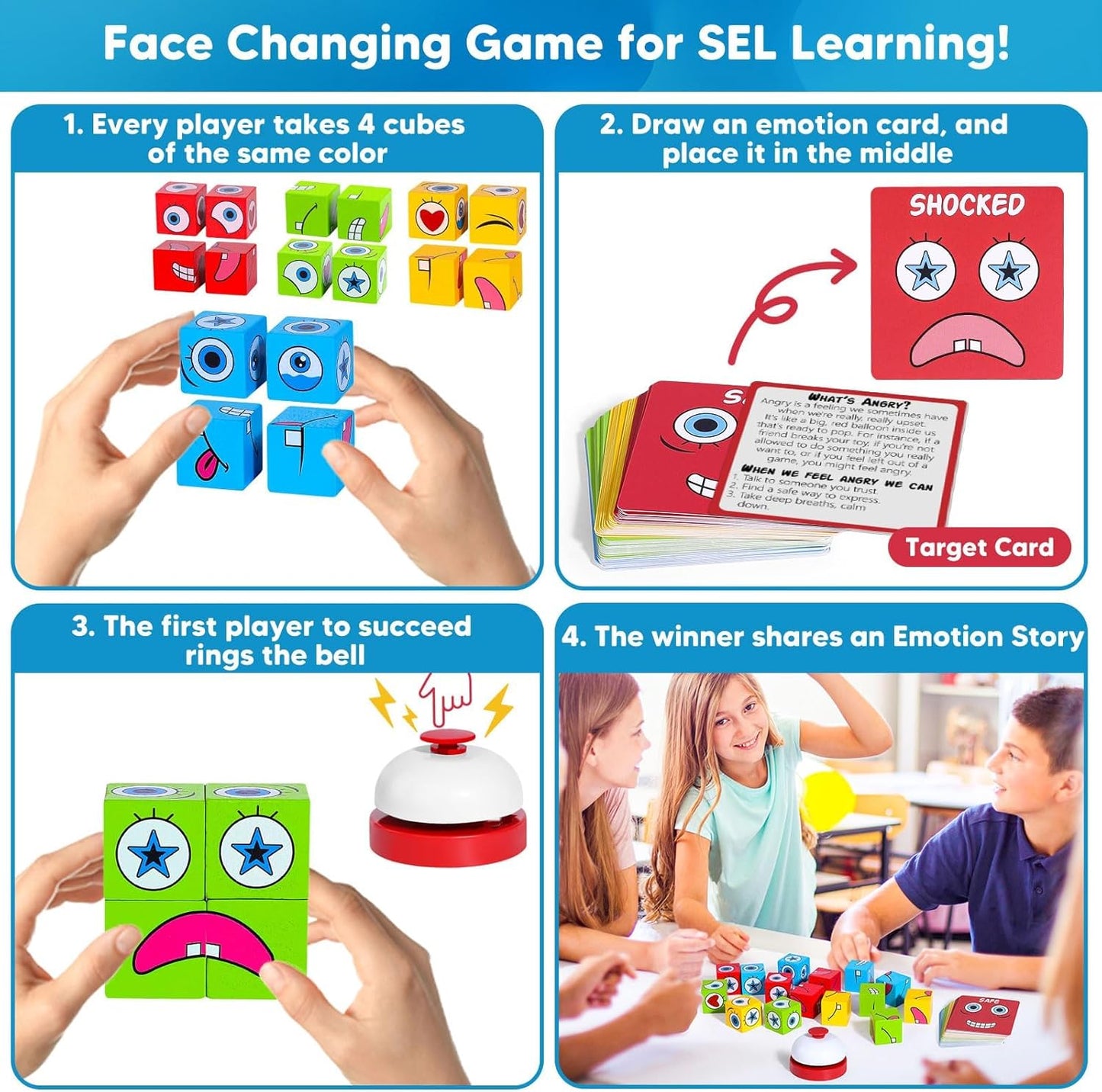 Feelings Cube Game for Kids Social Emotional Learning, W/56 Emotion Cards, Autism Speech Therapy Materials & Activities, School Counselor Office Must Haves, Feeling Toy for Kids