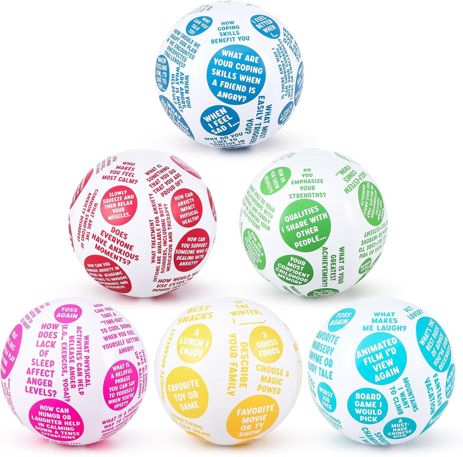 6 Pcs Coping Skills Balls 24 Inch How to Cope with Anxiety Social Conversation Skill Self Esteem Anger Management for Adult Fun Group Therapy Tool Games Activity