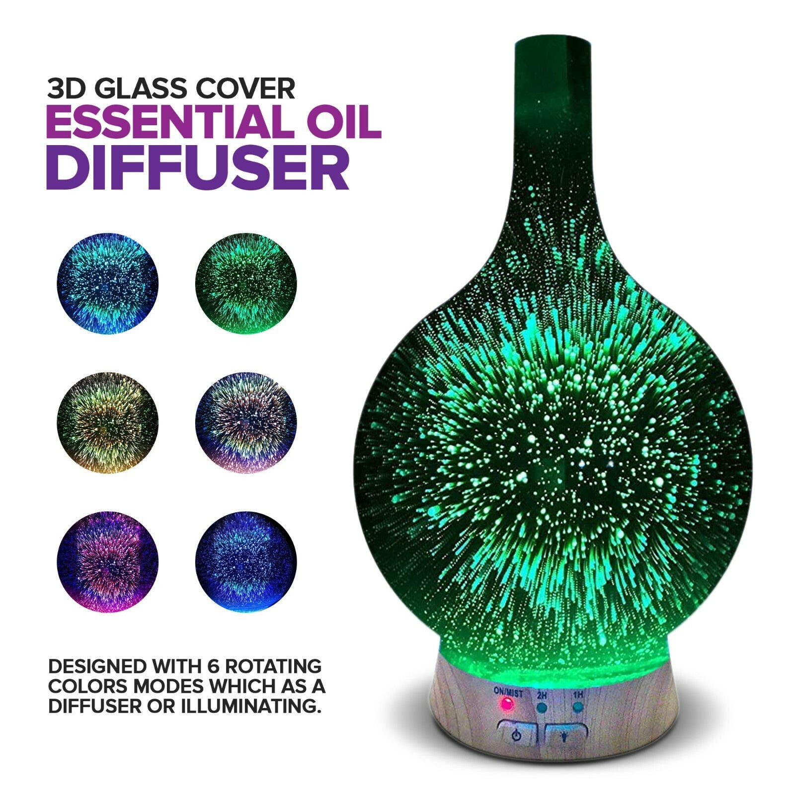 Ingeniuso Essential Oil Diffuser Glass 3D W 6 Changing Colors + 6 Essential Oils